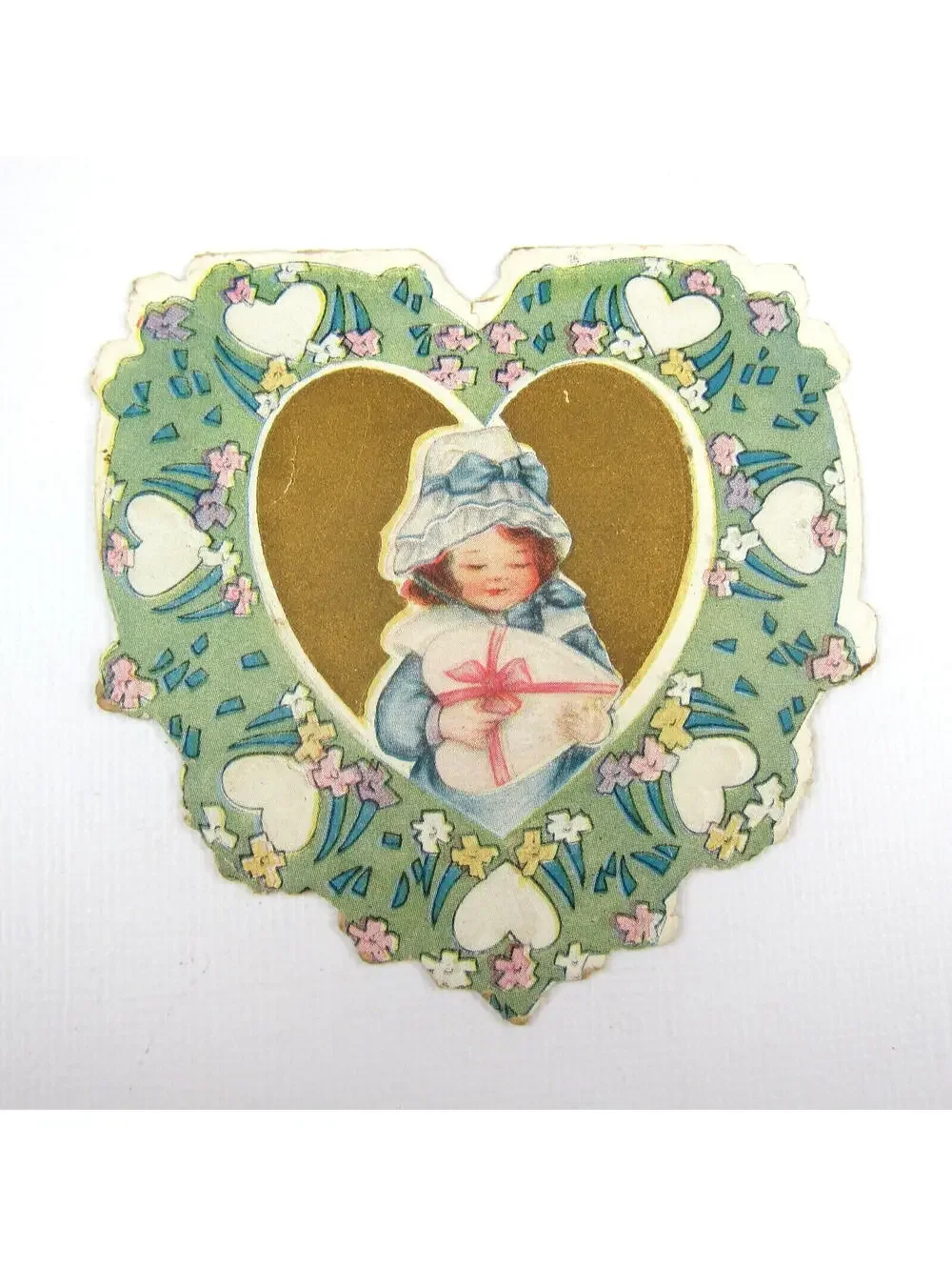 Vintage Valentine Card Die cut Girl Blue Dress & Bonnet Hat Hearts Flowers Gold